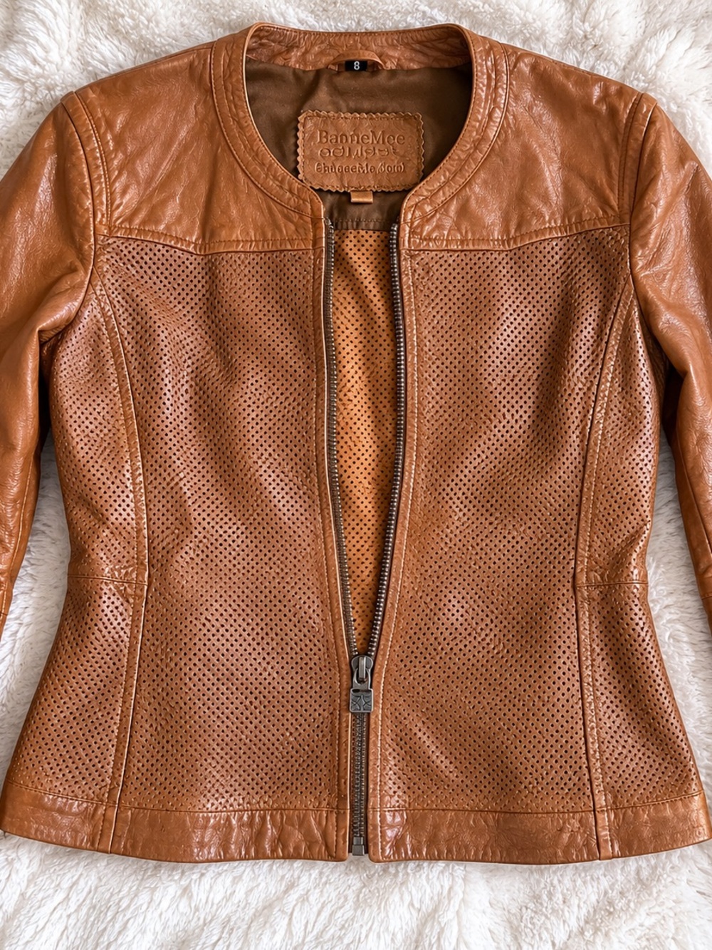 Bano eeMee Genuine Leather Jacket Women's Size 8 Brown Perforated Moto Zip